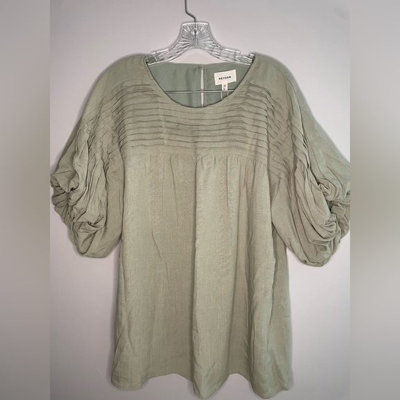 Heyson Women's NWT Sage Green Short Sleeve Blouse Pleated Shirt Puff Sleeve Top - Picture 15 of 16
